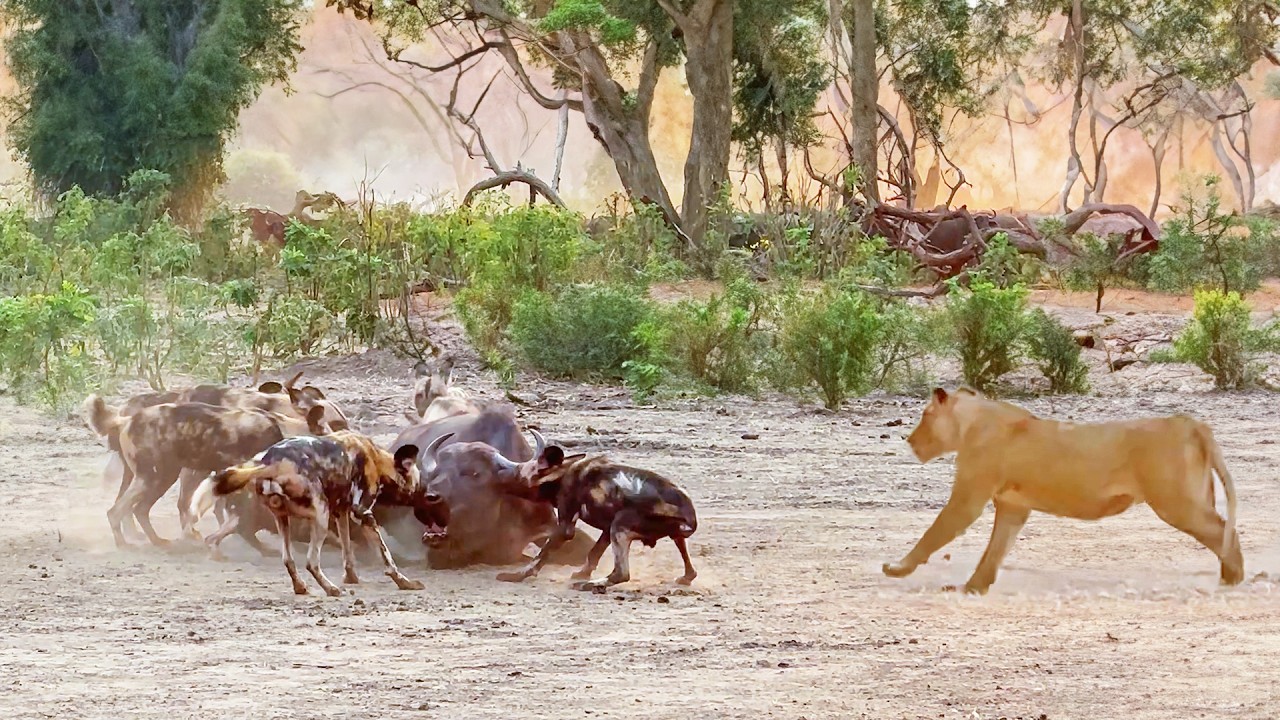 Watch Wild Dogs Battle Lions Over Buffalo During Drought Drama