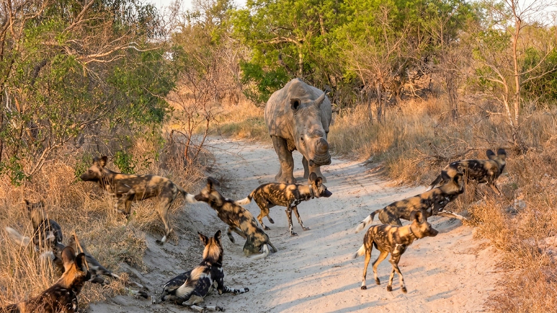 Rhino Chases Wild Dogs off the Road