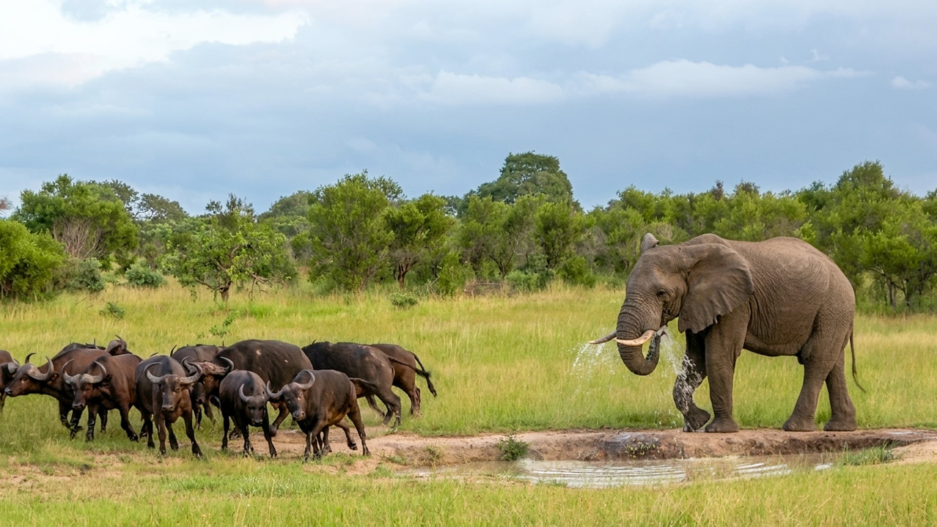 Elephant Bullies Buffalo Herd Away from its Watering Hole 